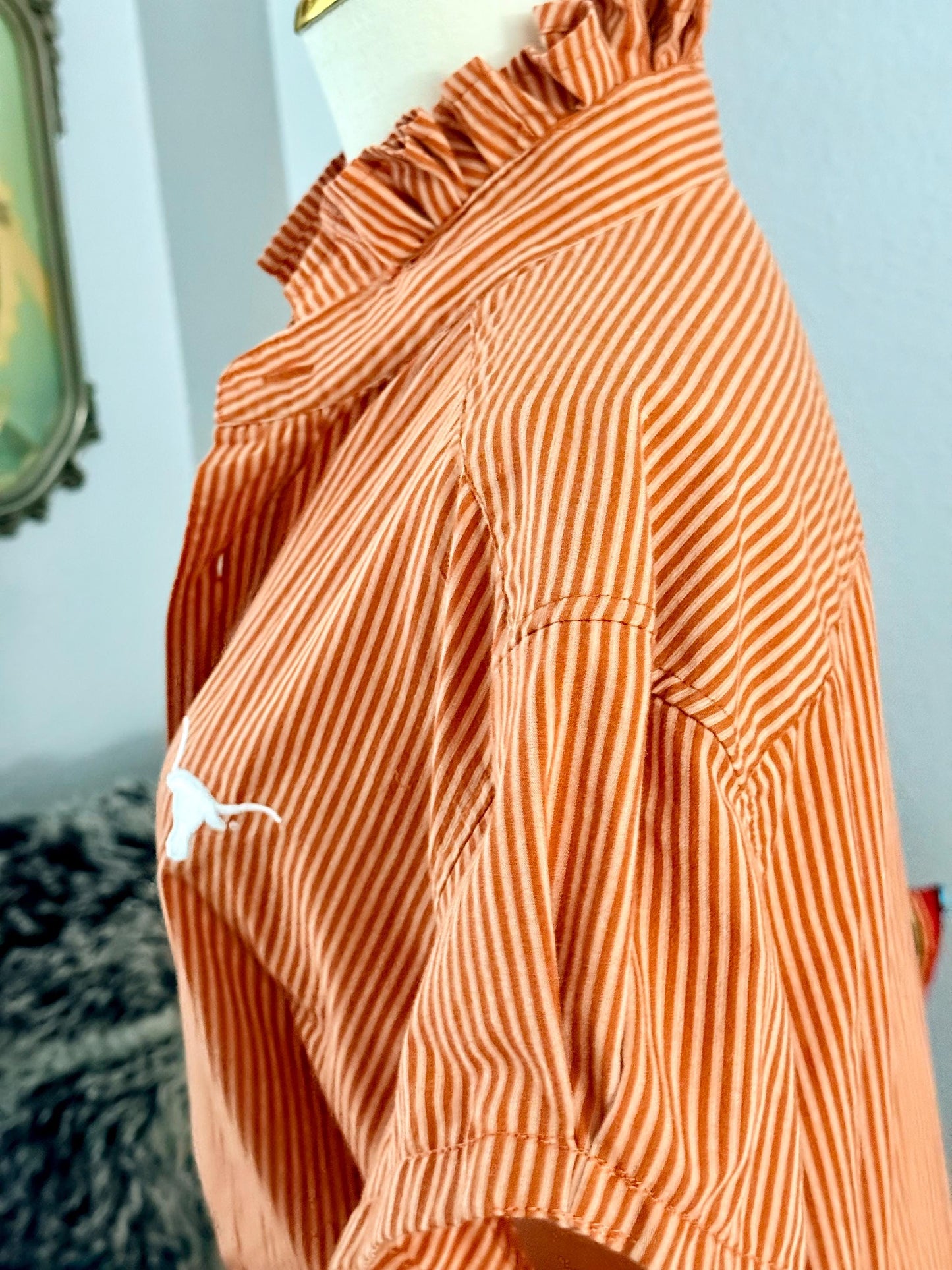 Reworked University of Texas Longhorns Shirt: Burnt Orange Striped Ruffle Collar