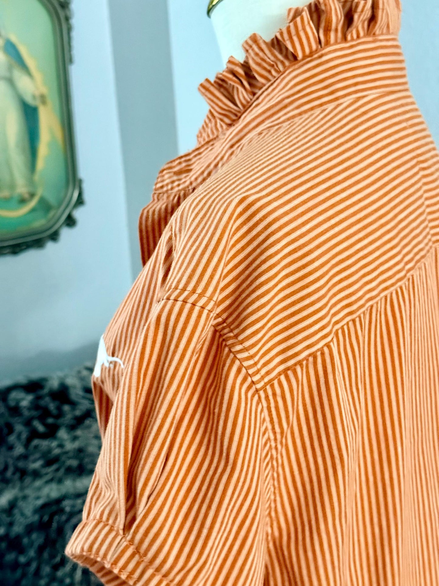 Reworked University of Texas Longhorns Shirt: Burnt Orange Striped Ruffle Collar