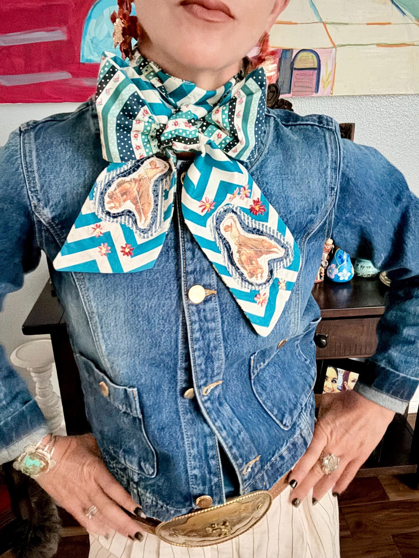 Handmade Retro Western Scarf, Western Bronc Buster Appliqué Embroidery