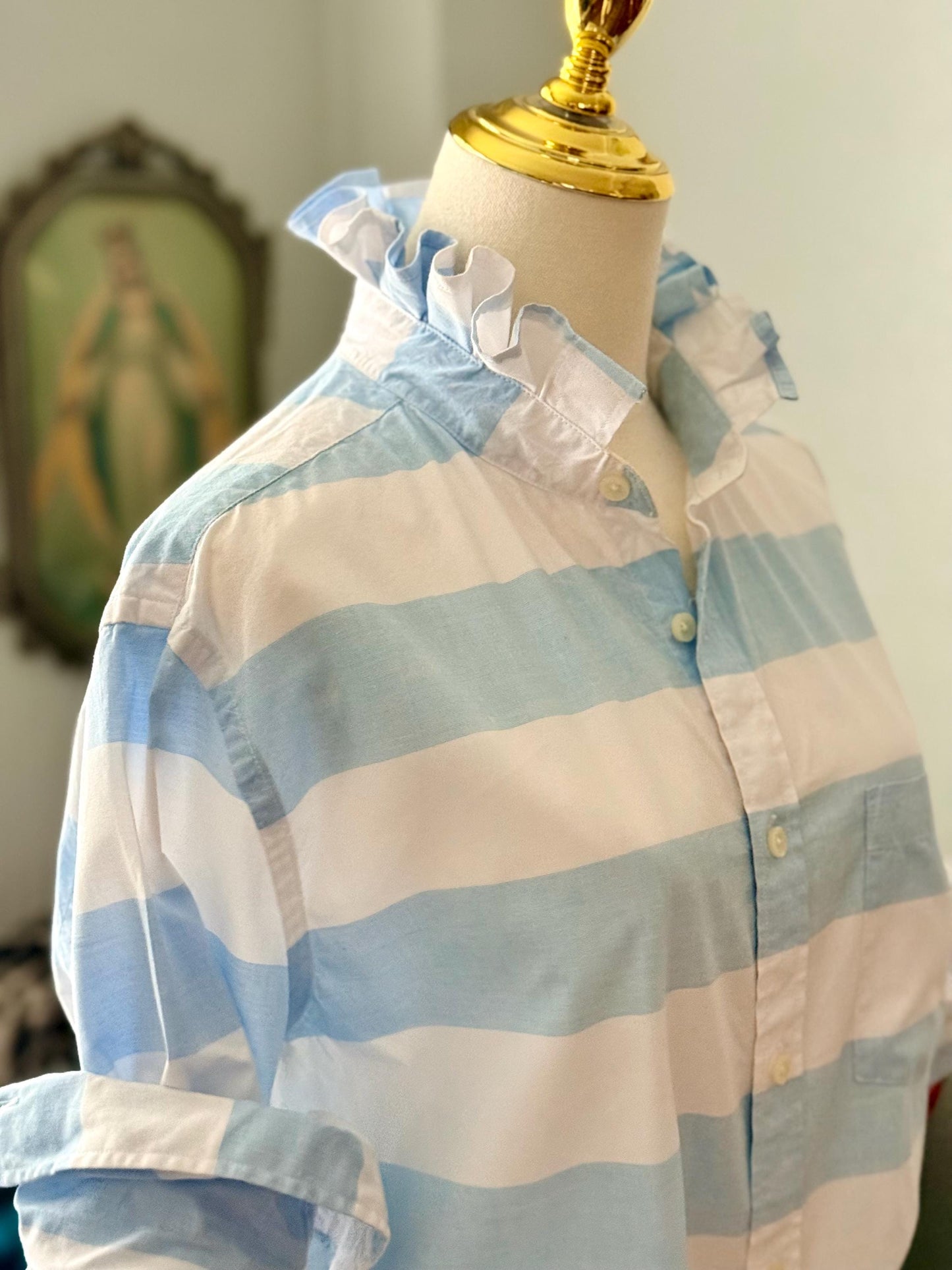 Striped Cotton Ruffle Collar Blouse: Upcycled Button-Down Shirt