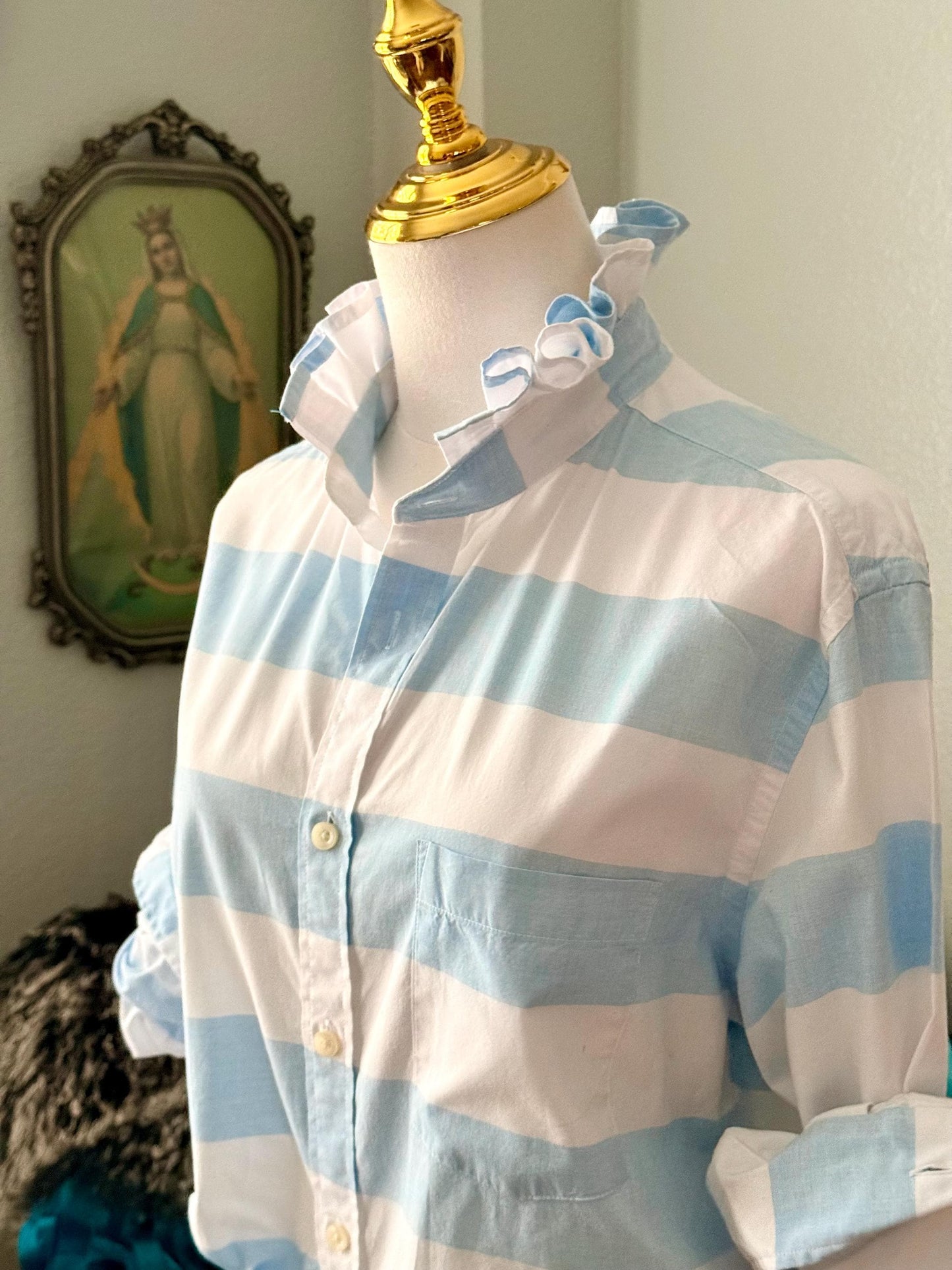 Striped Cotton Ruffle Collar Blouse: Upcycled Button-Down Shirt
