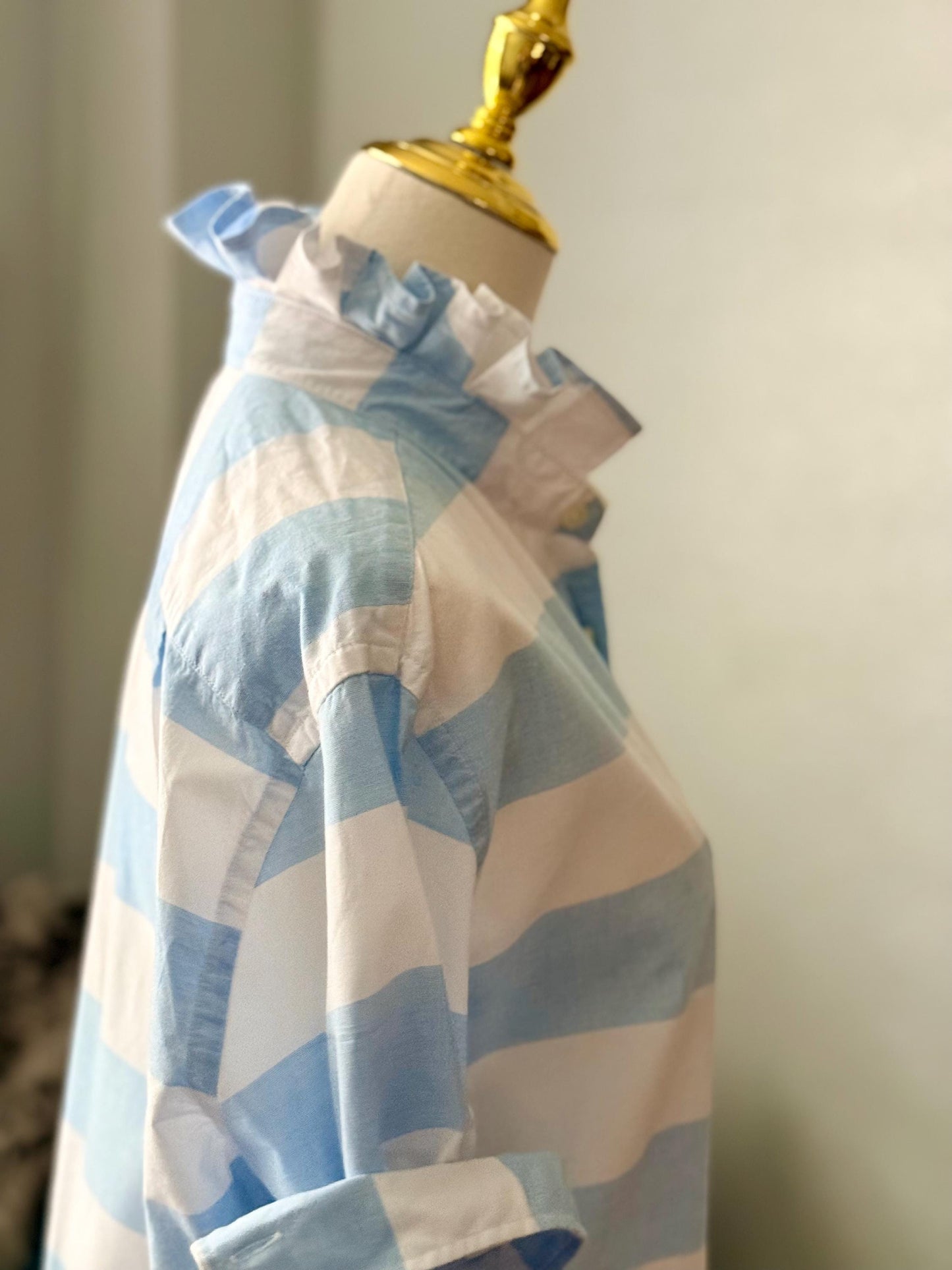 Striped Cotton Ruffle Collar Blouse: Upcycled Button-Down Shirt