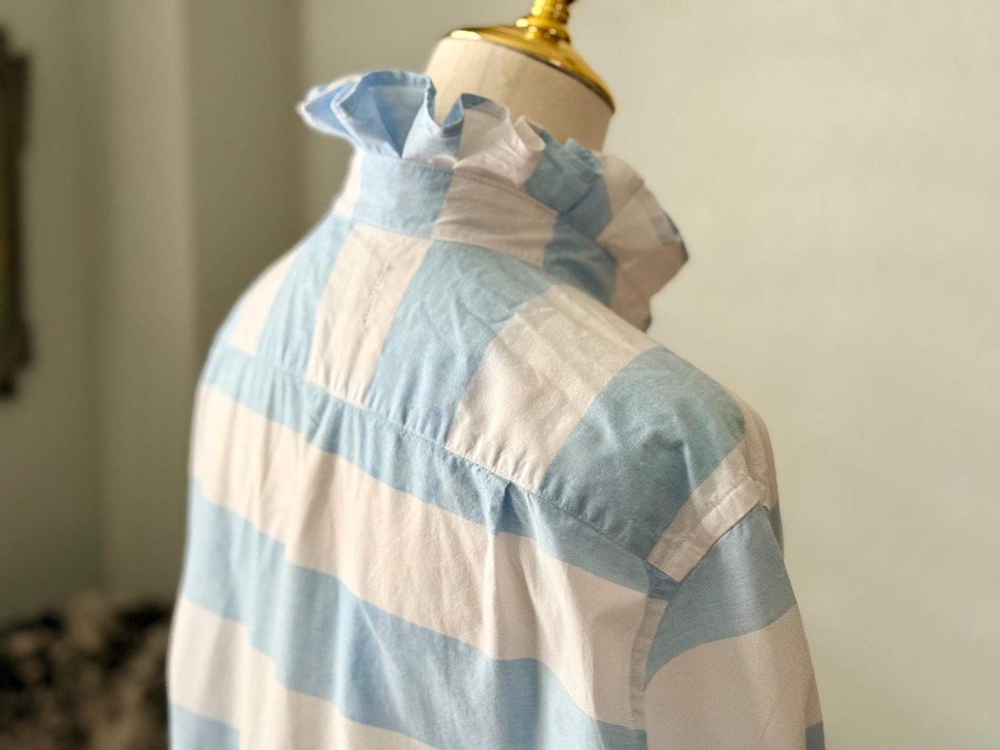 Striped Cotton Ruffle Collar Blouse: Upcycled Button-Down Shirt