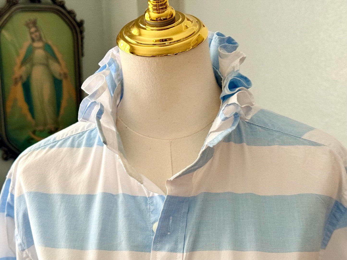 Striped Cotton Ruffle Collar Blouse: Upcycled Button-Down Shirt
