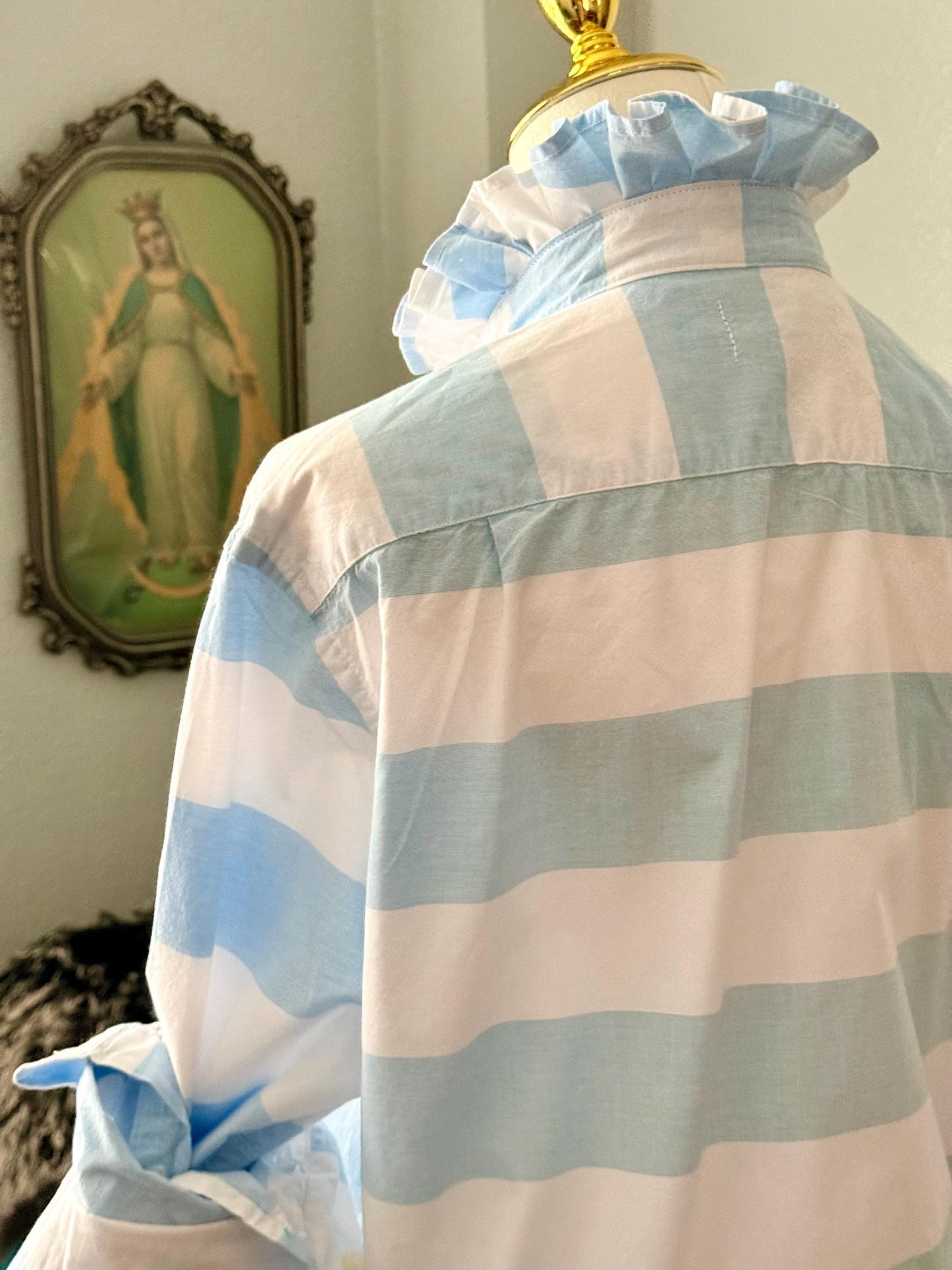 Striped Cotton Ruffle Collar Blouse: Upcycled Button-Down Shirt