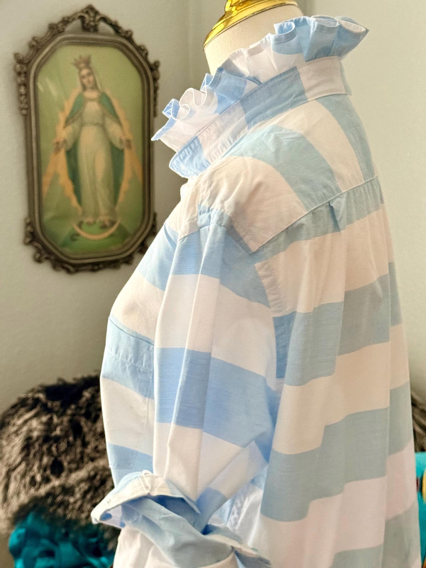 Striped Cotton Ruffle Collar Blouse: Upcycled Button-Down Shirt