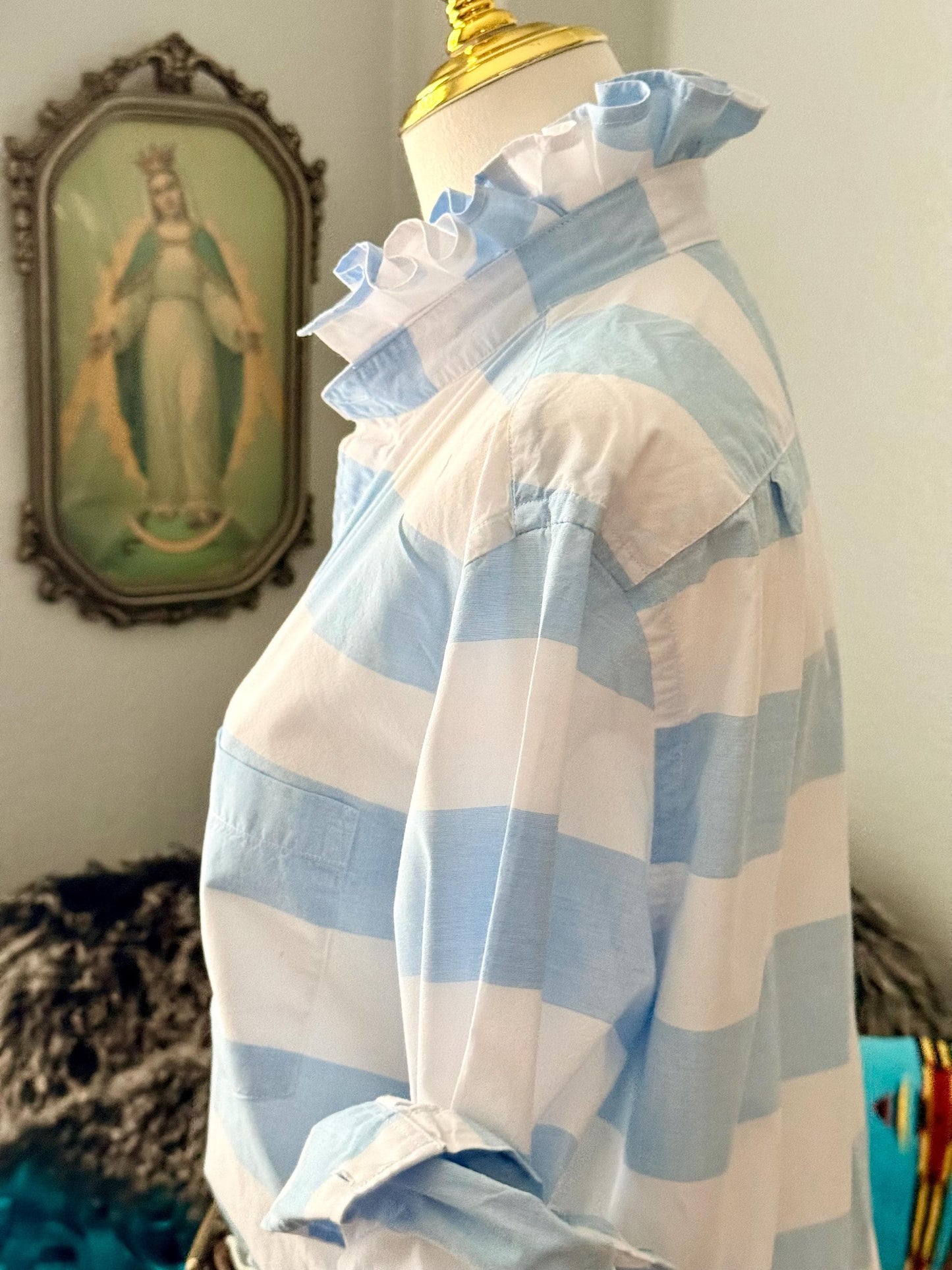 Striped Cotton Ruffle Collar Blouse: Upcycled Button-Down Shirt