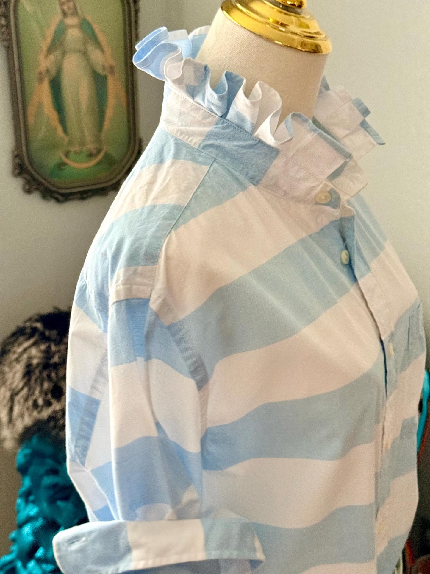 Striped Cotton Ruffle Collar Blouse: Upcycled Button-Down Shirt