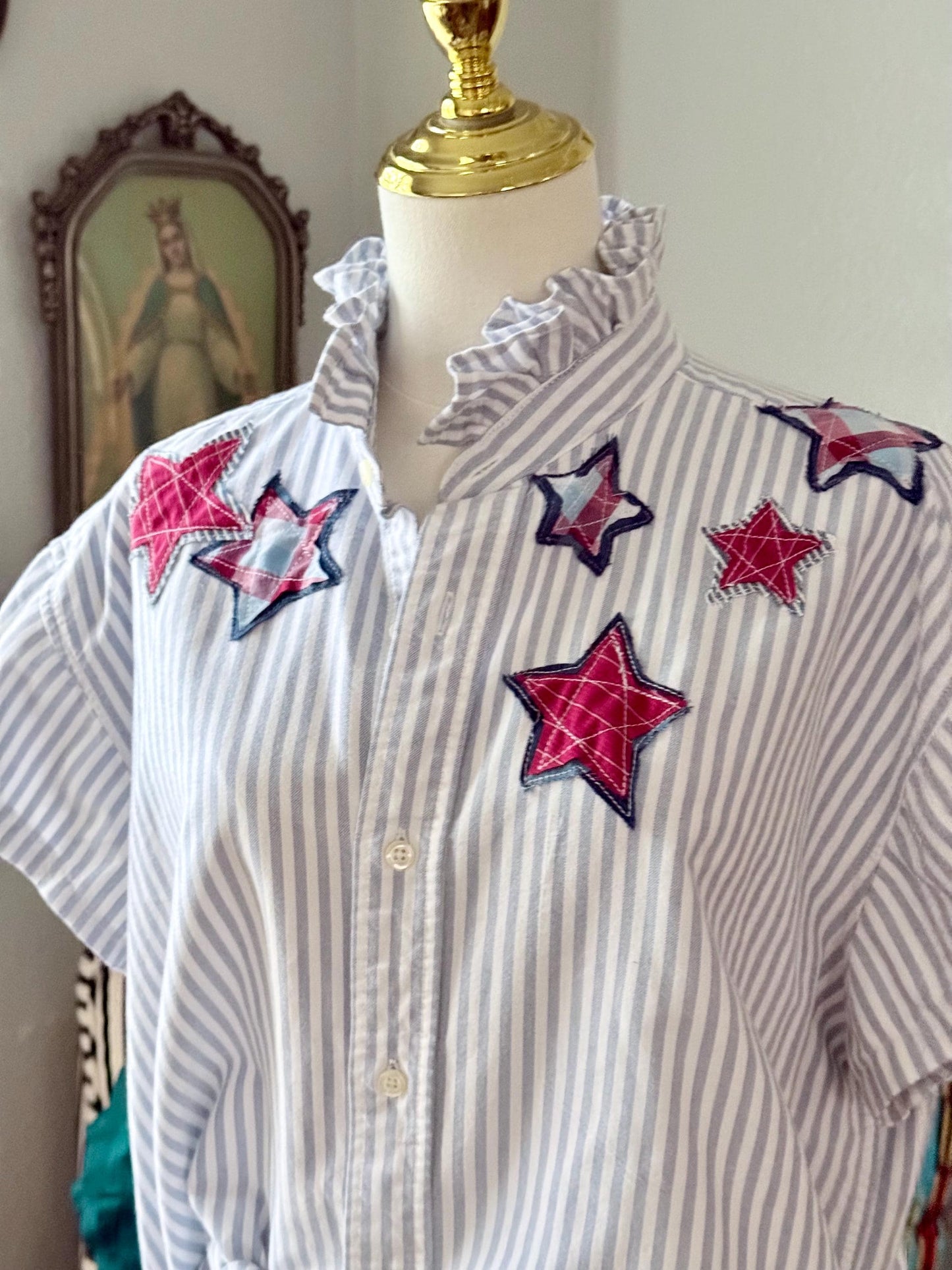 Reworked Oxford Shirt: Blue & White Striped Ruffle Collar with hand cut star appliqué