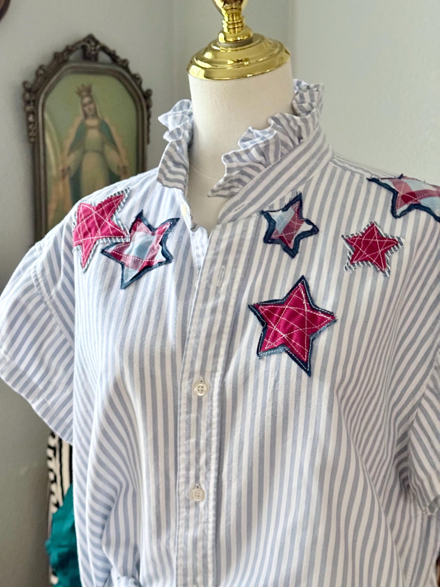 Reworked Oxford Shirt: Blue & White Striped Ruffle Collar with hand cut star appliqué