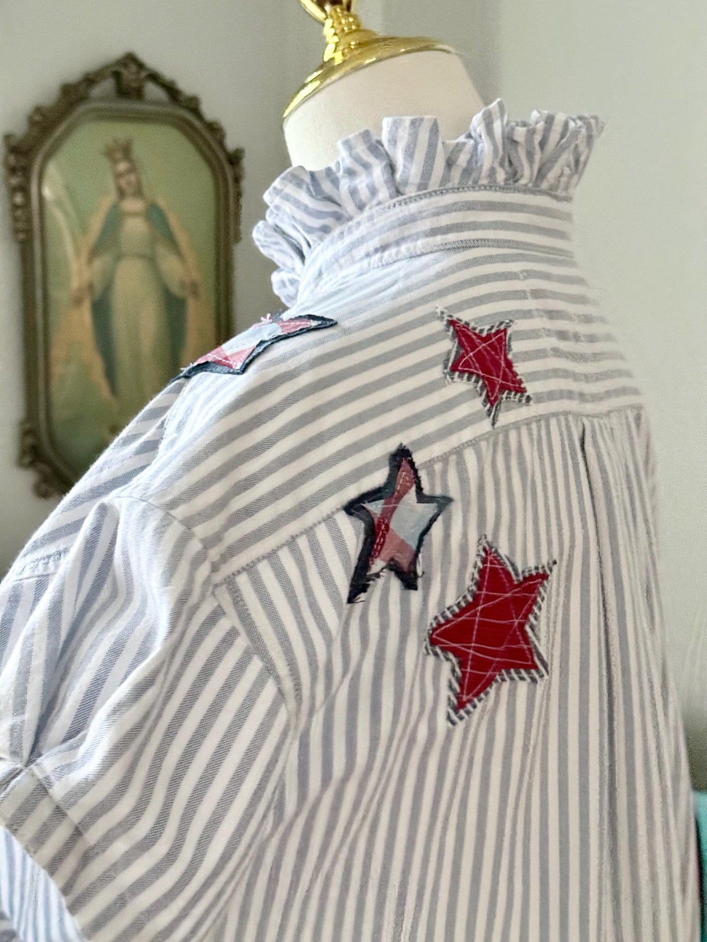 Reworked Oxford Shirt: Blue & White Striped Ruffle Collar with hand cut star appliqué