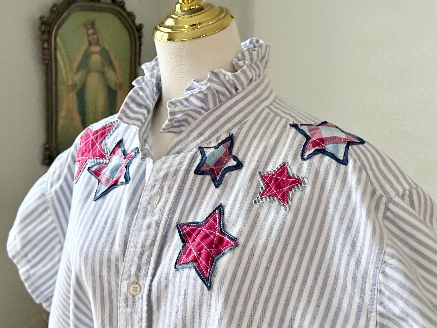 Reworked Oxford Shirt: Blue & White Striped Ruffle Collar with hand cut star appliqué