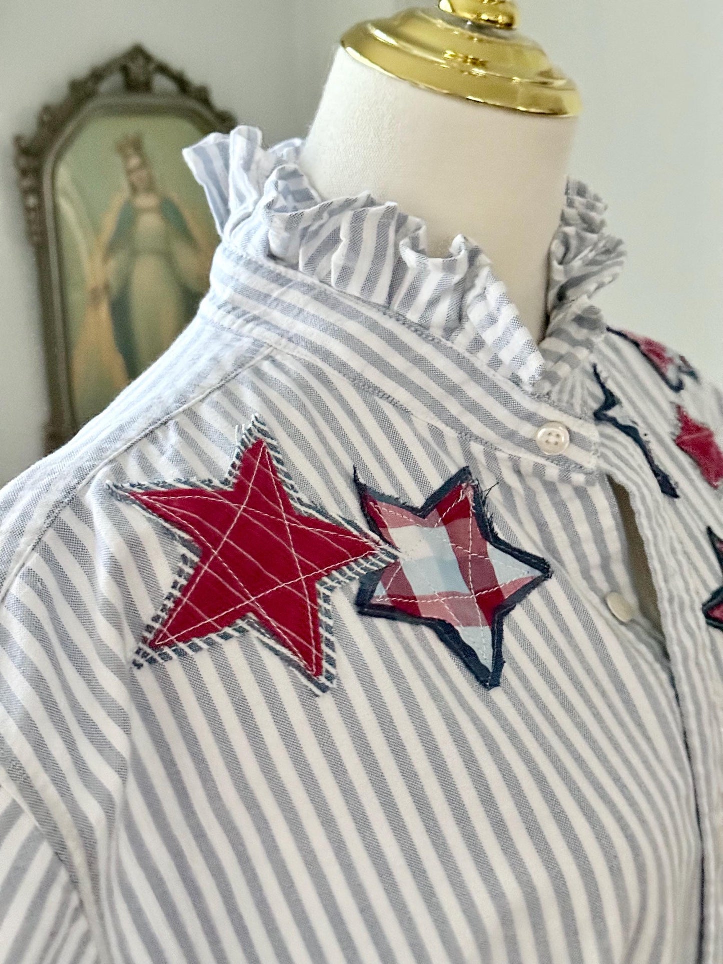 Reworked Oxford Shirt: Blue & White Striped Ruffle Collar with hand cut star appliqué