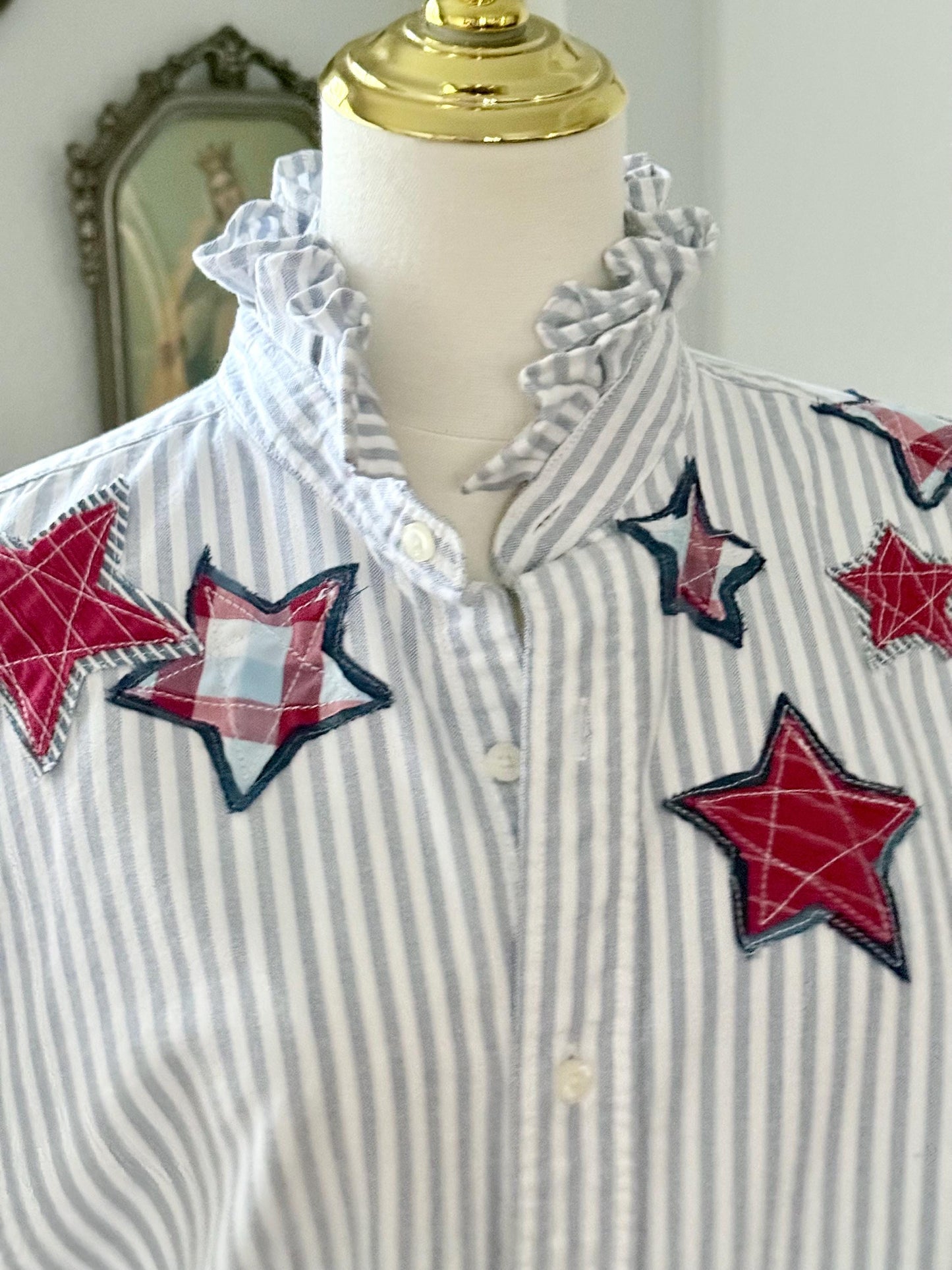 Reworked Oxford Shirt: Blue & White Striped Ruffle Collar with hand cut star appliqué