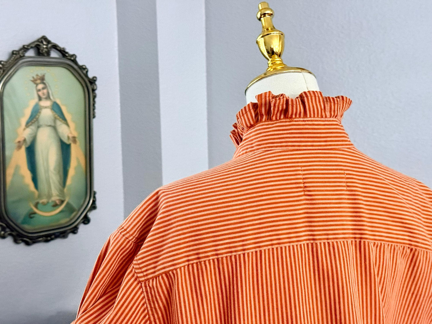 Reworked University of Texas Longhorns Shirt: Burnt Orange Striped Ruffle Collar