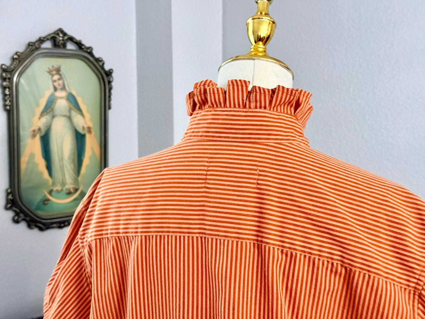 Reworked University of Texas Longhorns Shirt: Burnt Orange Striped Ruffle Collar