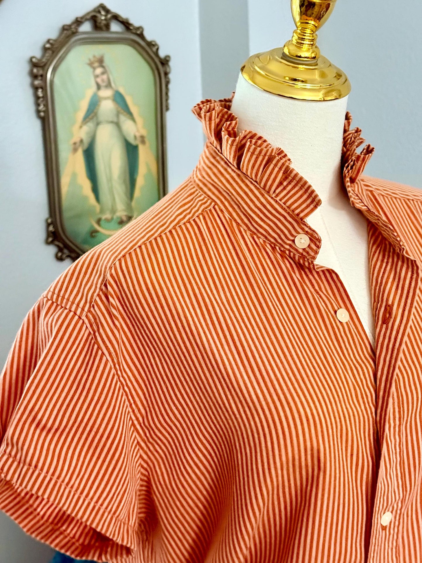 Reworked University of Texas Longhorns Shirt: Burnt Orange Striped Ruffle Collar