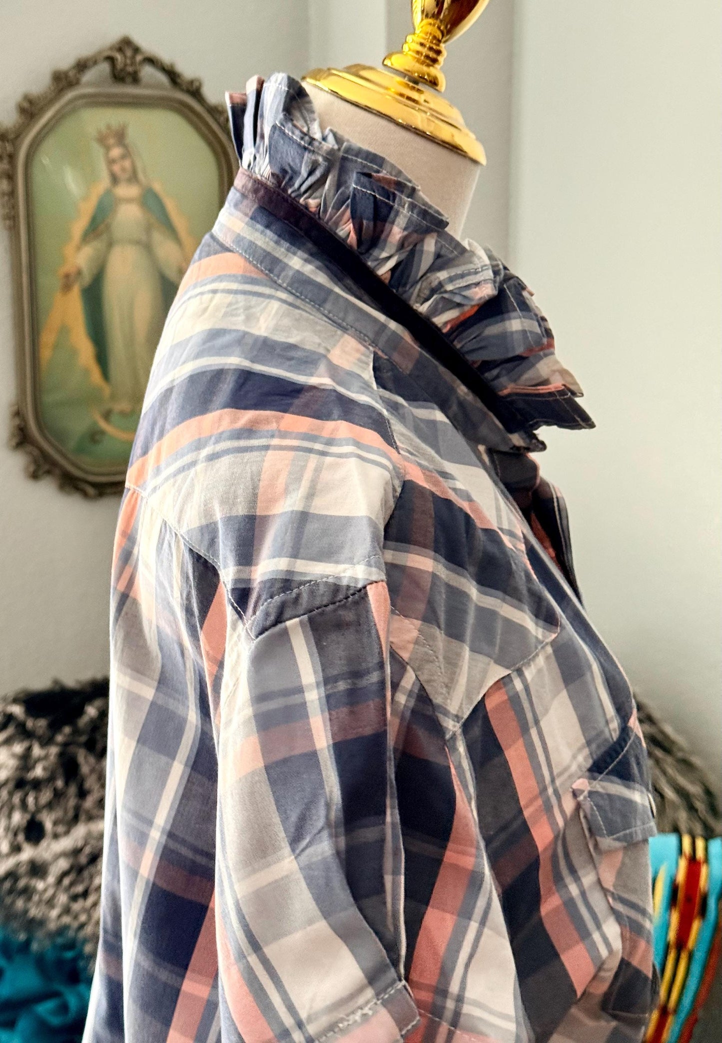Upcycled Mens to Ladies Pearl Snap Ruffle Collar Top | Reworked Handmade Shirt