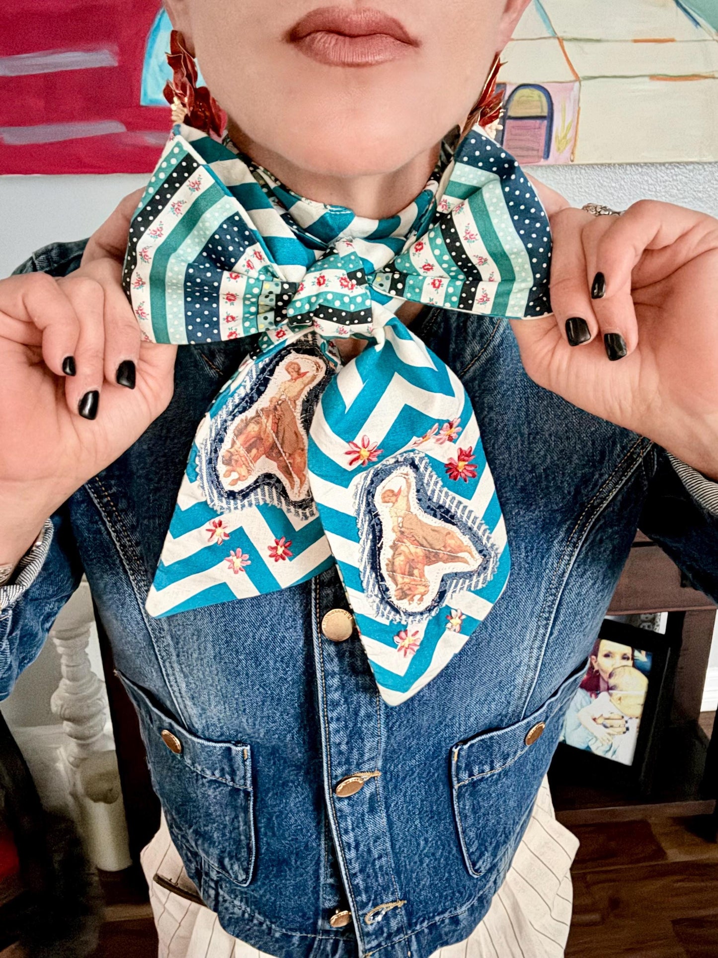 Handmade Retro Western Scarf, Western Bronc Buster Appliqué Embroidery