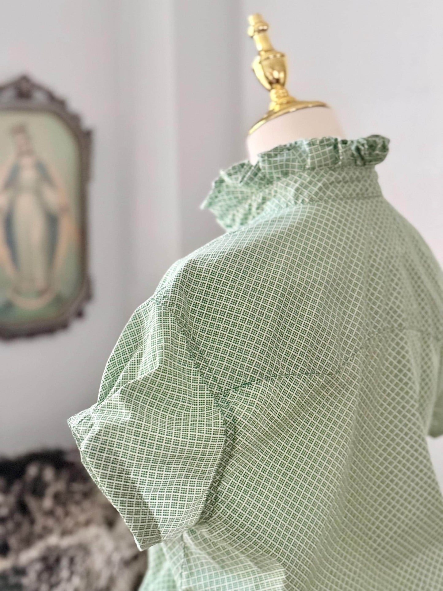 Upcycled Mens to Ladies Pearl Snap Ruffle Collar Top | Reworked Handmade Shirt