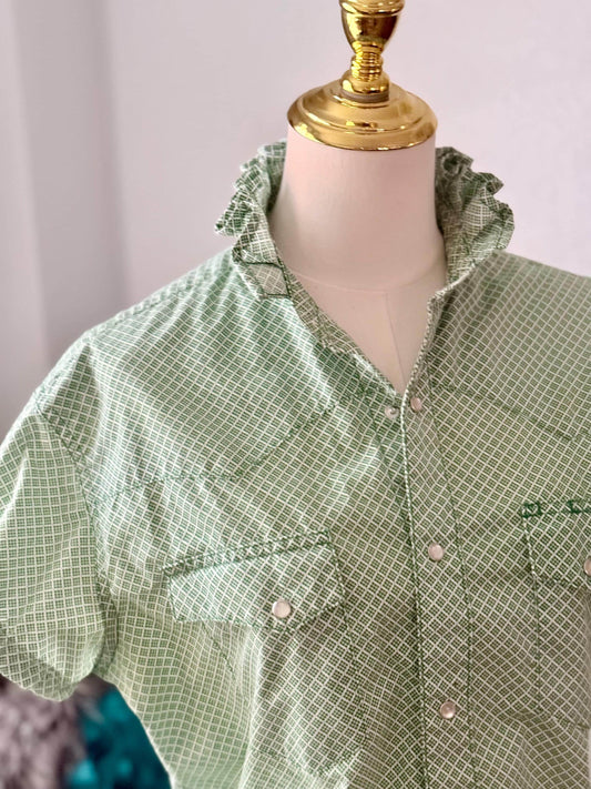 Upcycled Mens to Ladies Pearl Snap Ruffle Collar Top | Reworked Handmade Shirt