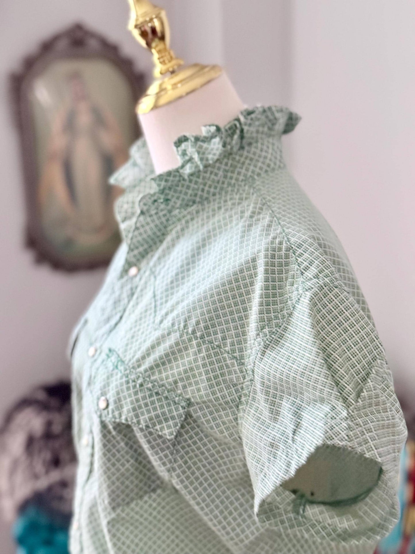 Upcycled Mens to Ladies Pearl Snap Ruffle Collar Top | Reworked Handmade Shirt