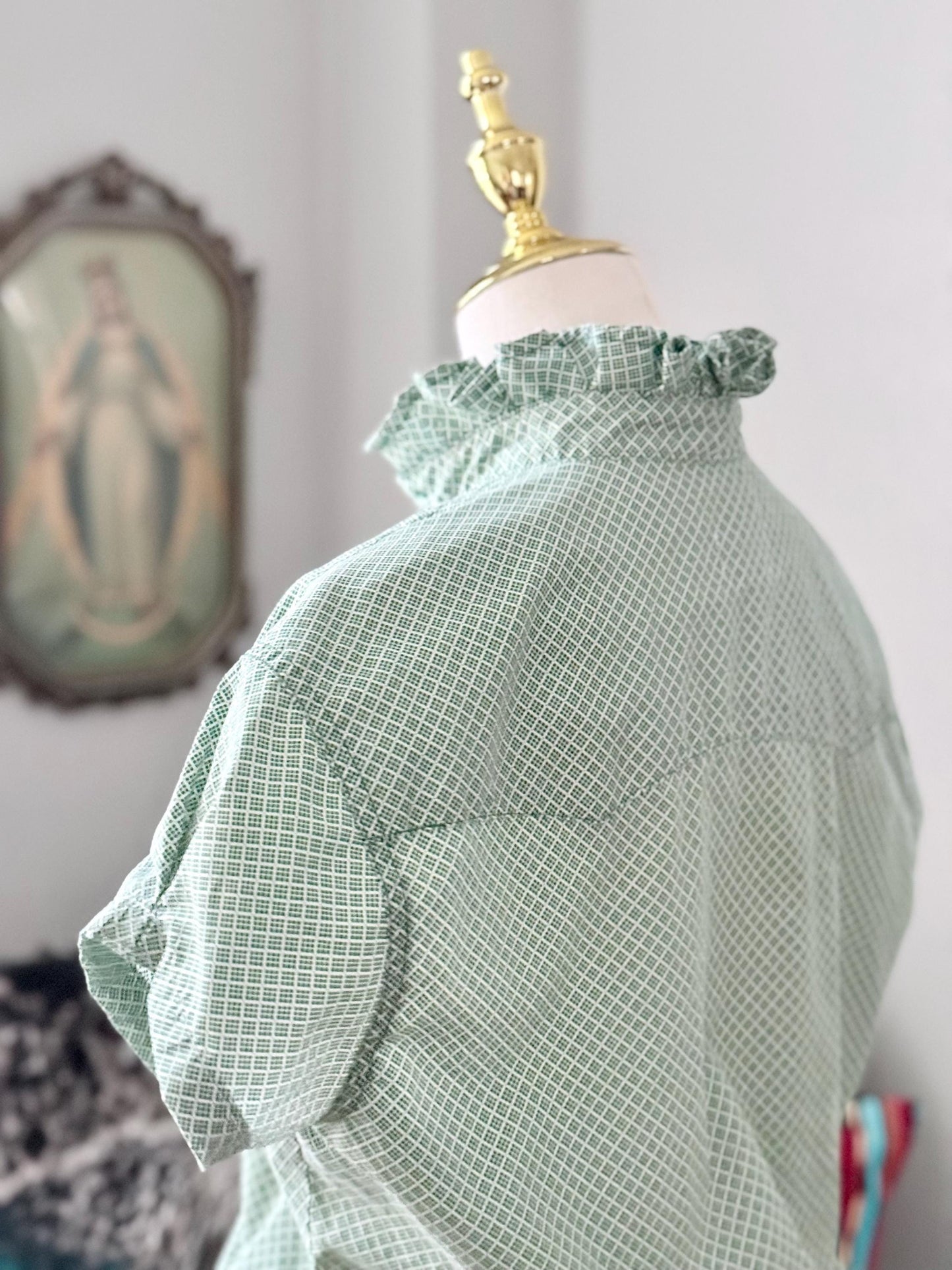 Upcycled Mens to Ladies Pearl Snap Ruffle Collar Top | Reworked Handmade Shirt
