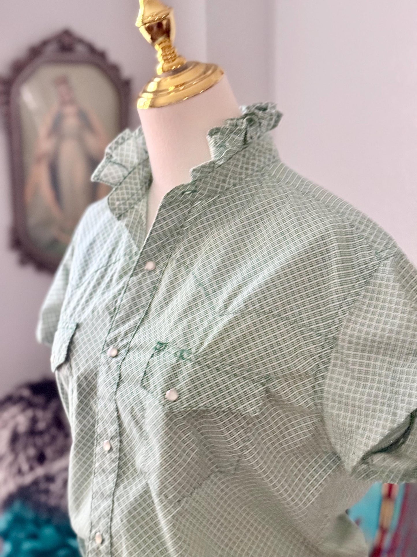 Upcycled Mens to Ladies Pearl Snap Ruffle Collar Top | Reworked Handmade Shirt