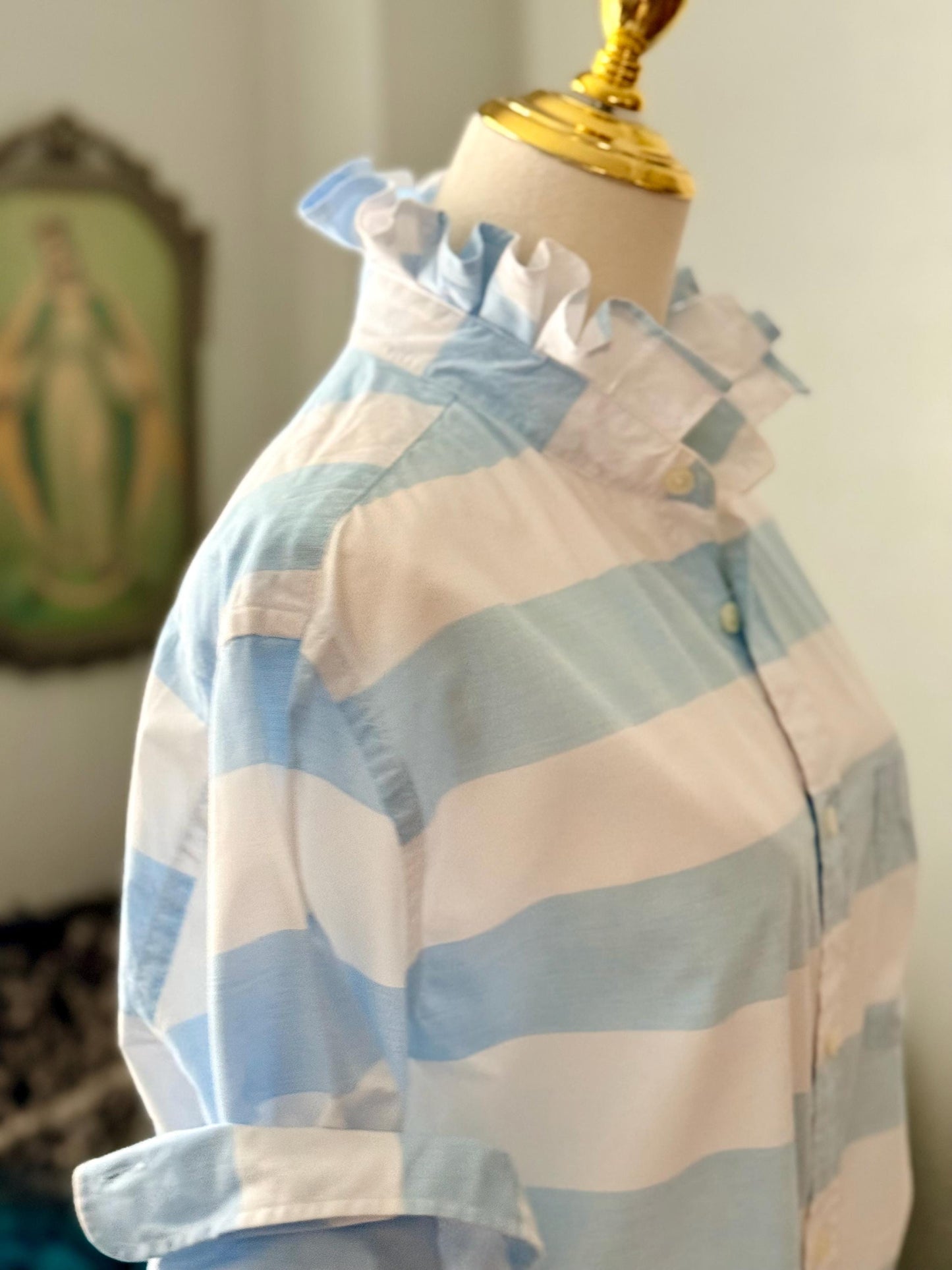 Striped Cotton Ruffle Collar Blouse: Upcycled Button-Down Shirt