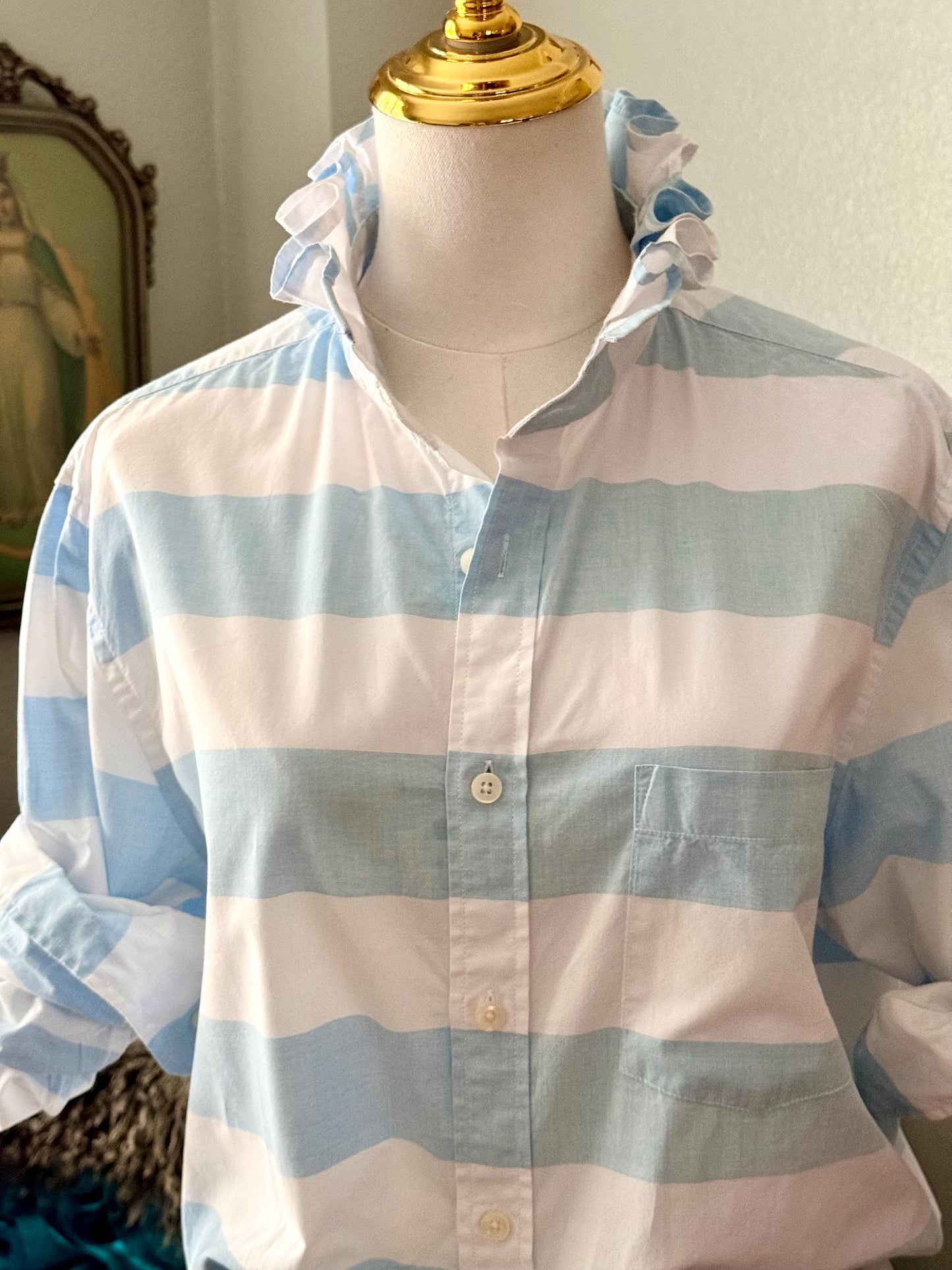 Striped Cotton Ruffle Collar Blouse: Upcycled Button-Down Shirt