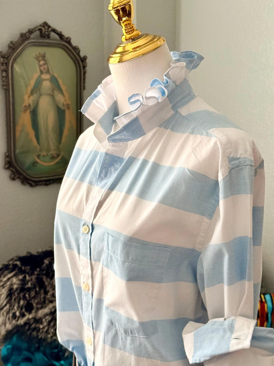 Striped Cotton Ruffle Collar Blouse: Upcycled Button-Down Shirt