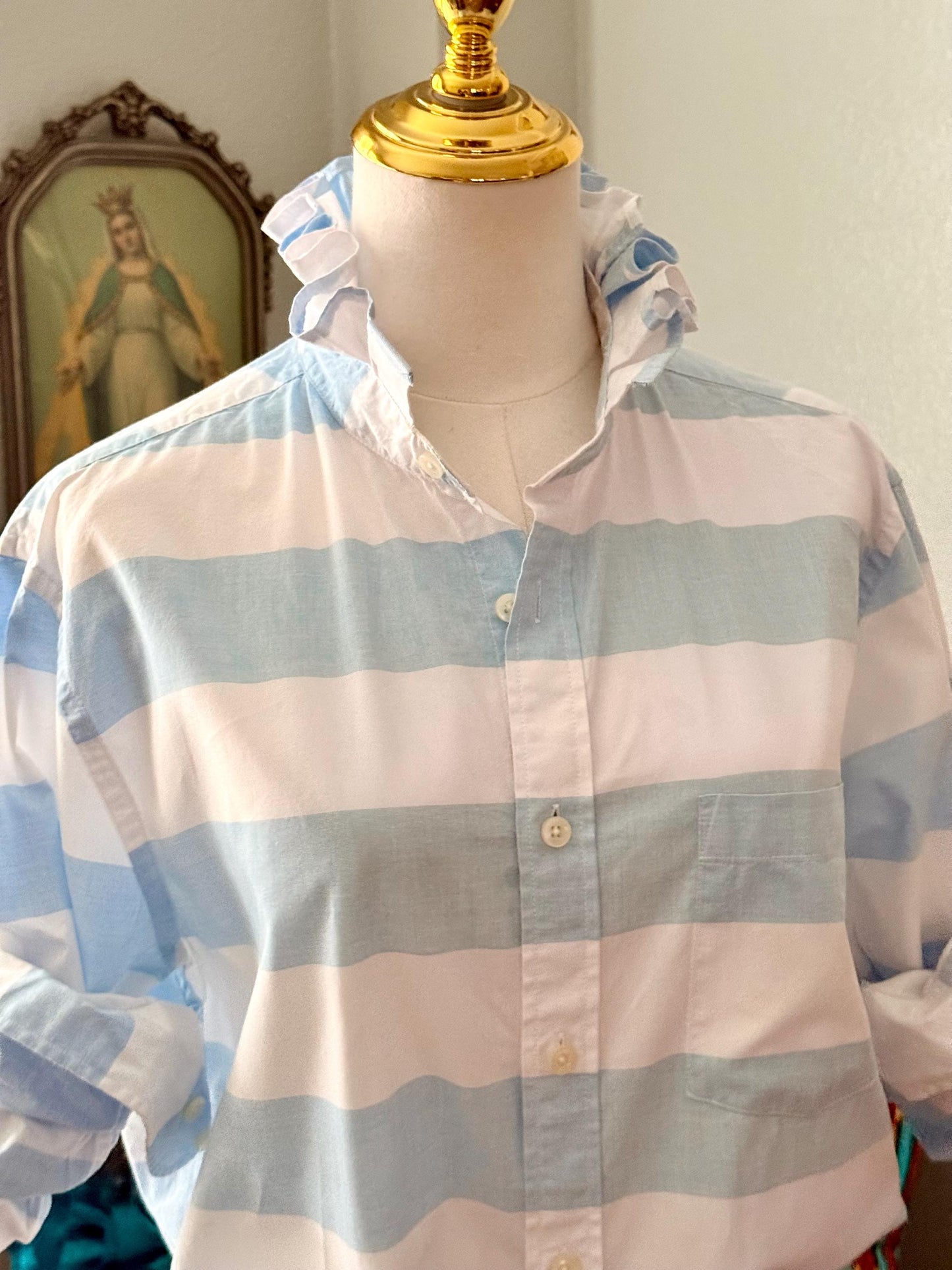 Striped Cotton Ruffle Collar Blouse: Upcycled Button-Down Shirt