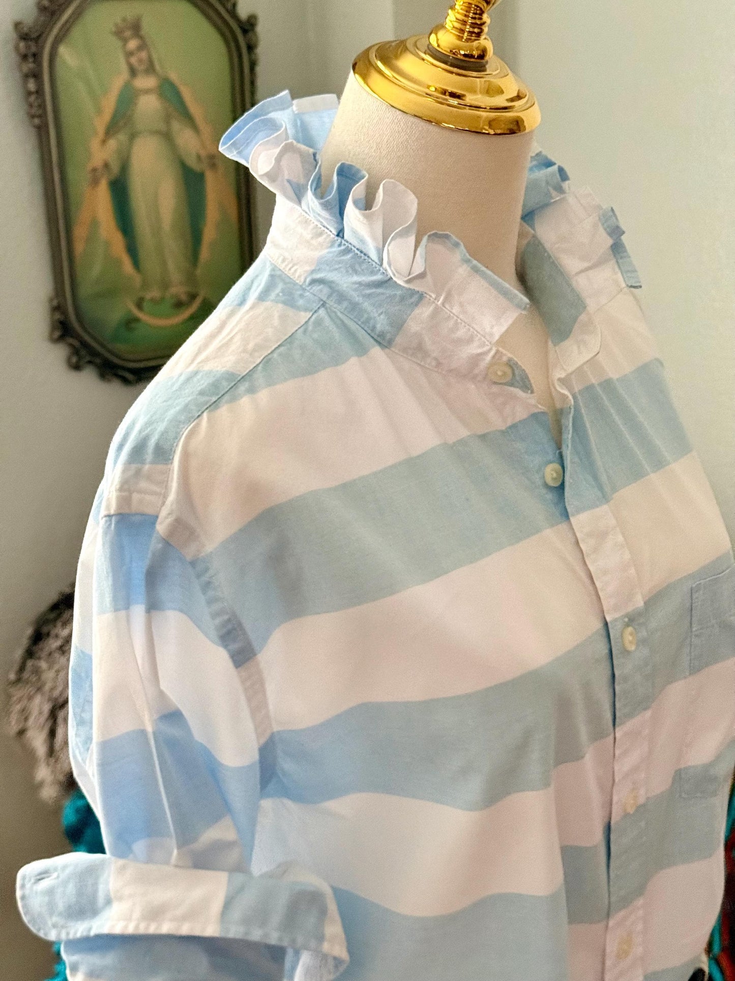 Striped Cotton Ruffle Collar Blouse: Upcycled Button-Down Shirt
