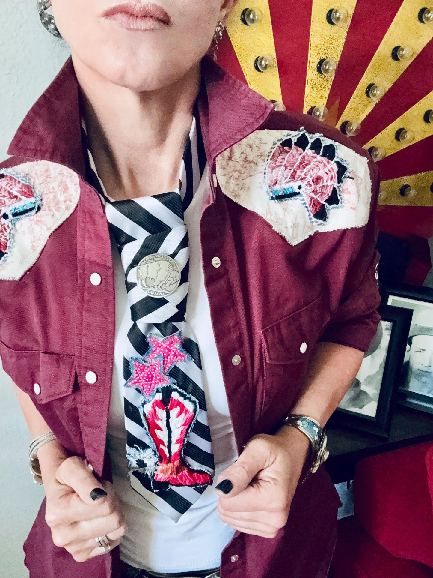 Handmade Cowboy Boot & Buffalo Nickel Tie,  handmade appliqué, button adjustable
