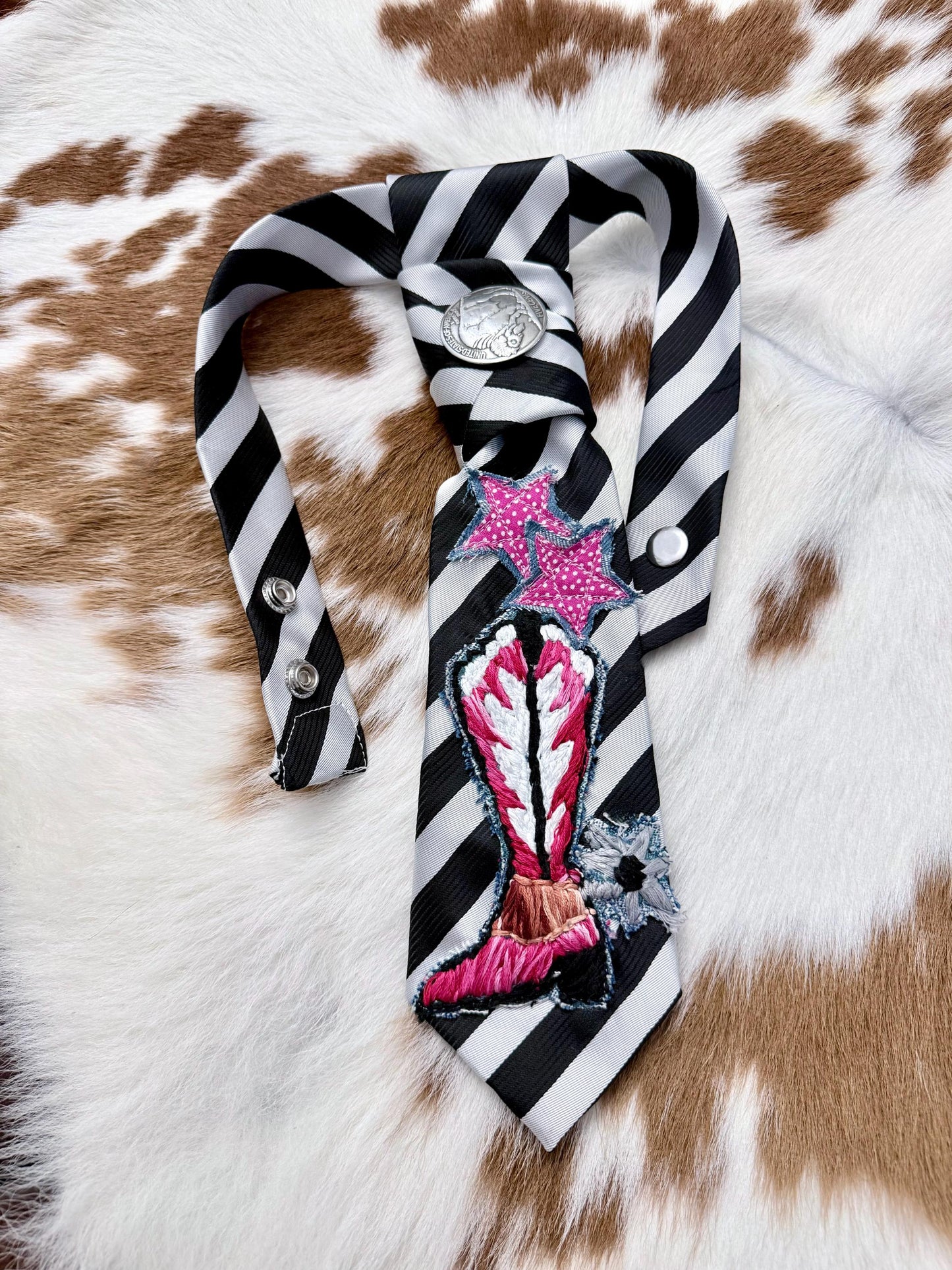 Handmade Cowboy Boot & Buffalo Nickel Tie,  handmade appliqué, button adjustable