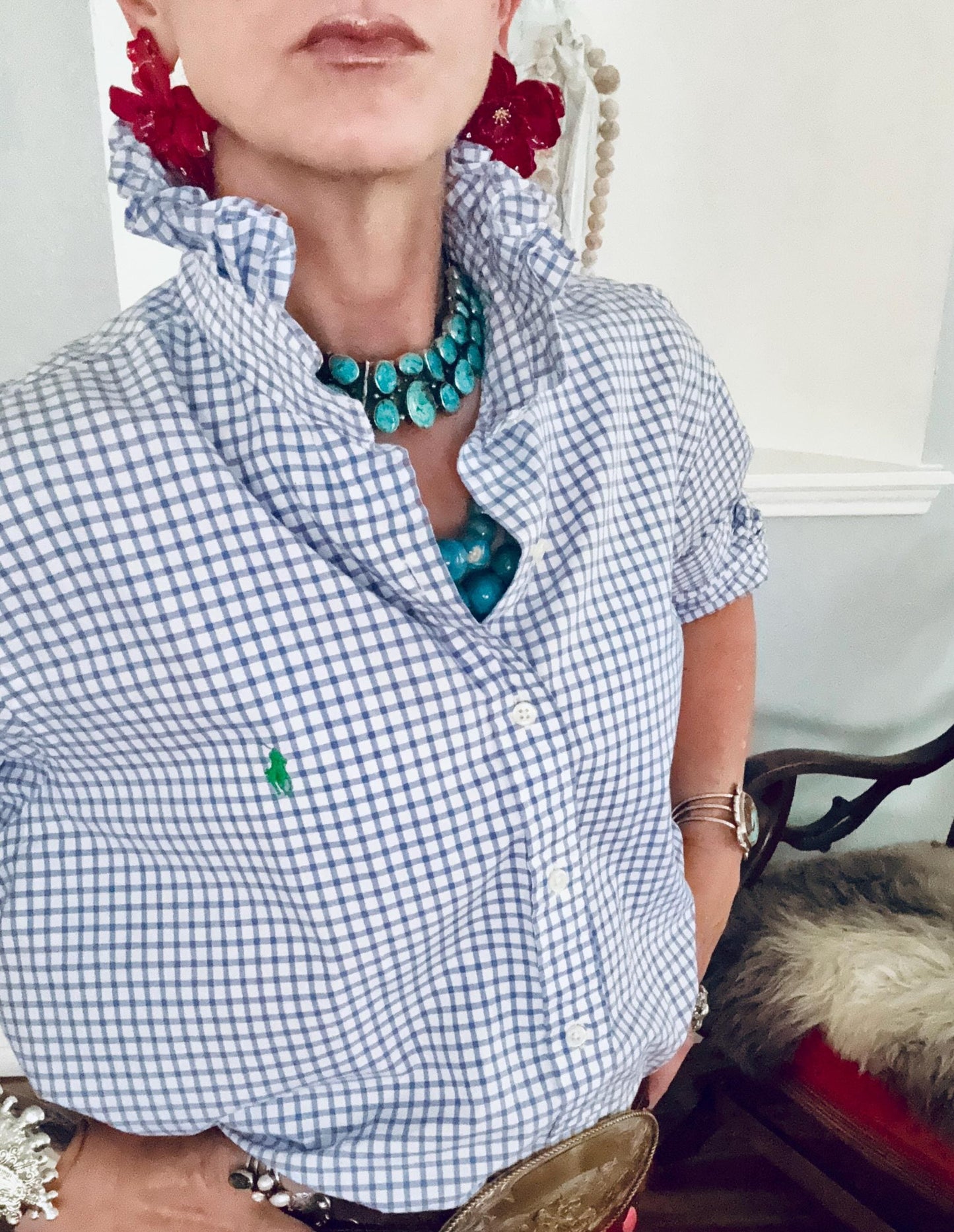 Reworked Ralph Lauren Plaid Shirt, Ruffle Collar Top, Classic Fit
