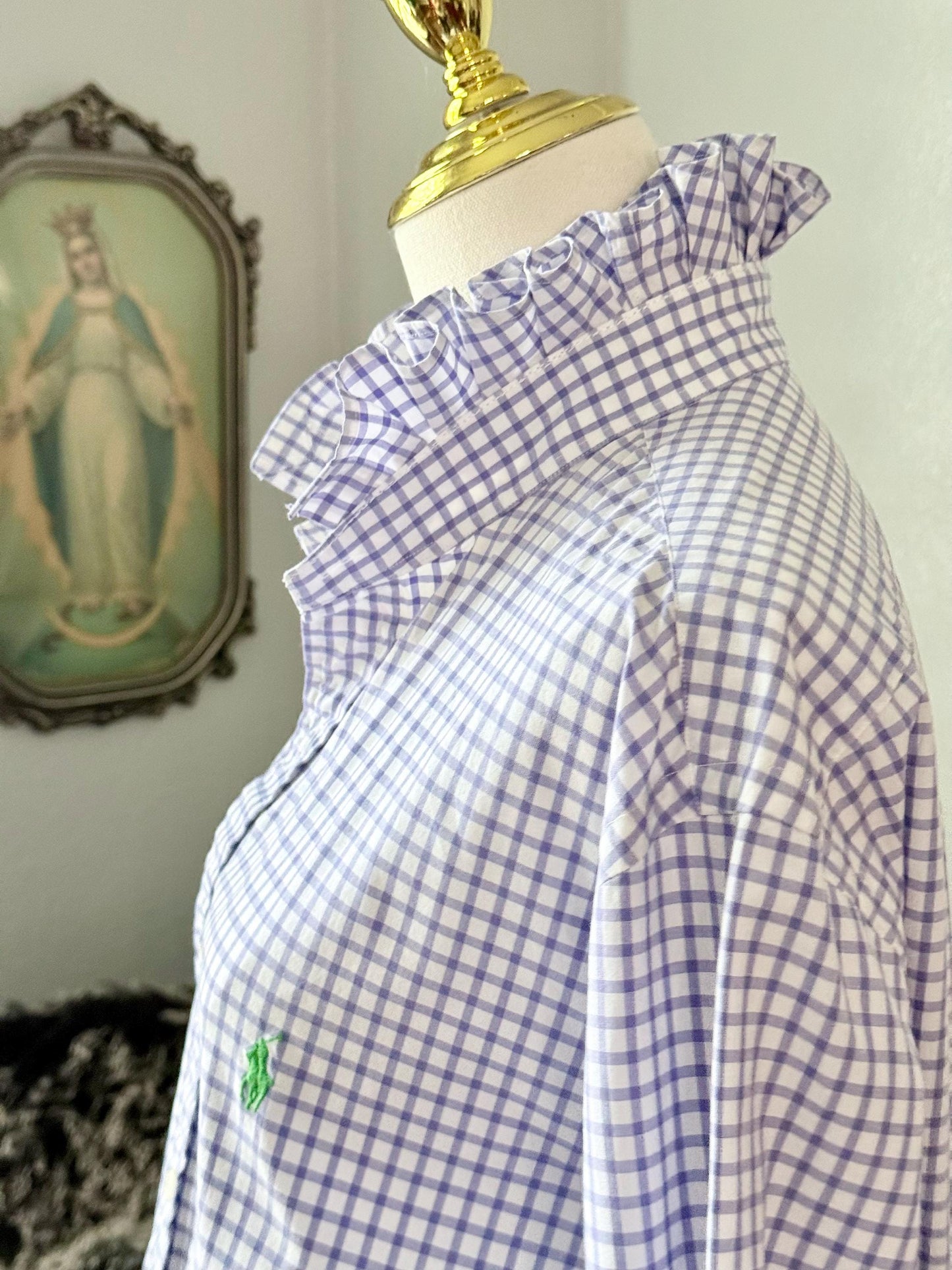 Reworked Ralph Lauren Plaid Shirt, Ruffle Collar Top, Classic Fit