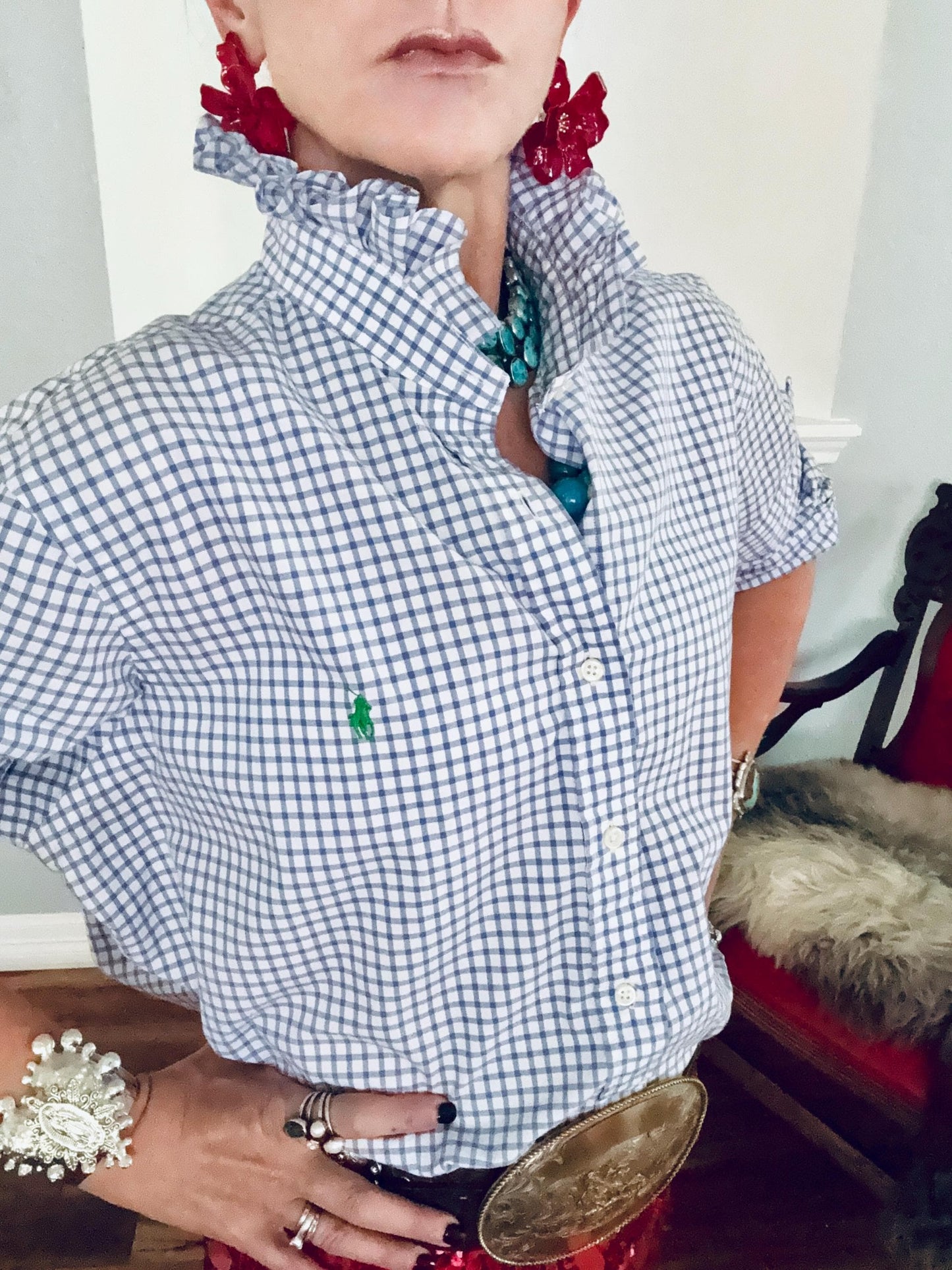 Reworked Ralph Lauren Plaid Shirt, Ruffle Collar Top, Classic Fit