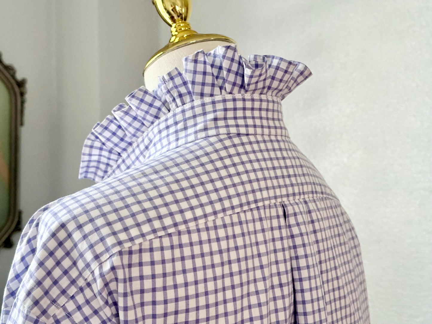 Reworked Ralph Lauren Plaid Shirt, Ruffle Collar Top, Classic Fit