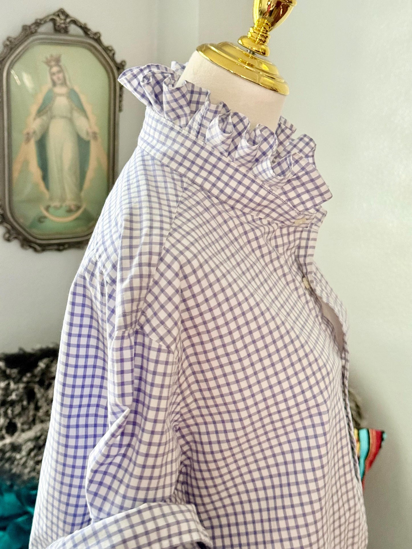 Reworked Ralph Lauren Plaid Shirt, Ruffle Collar Top, Classic Fit