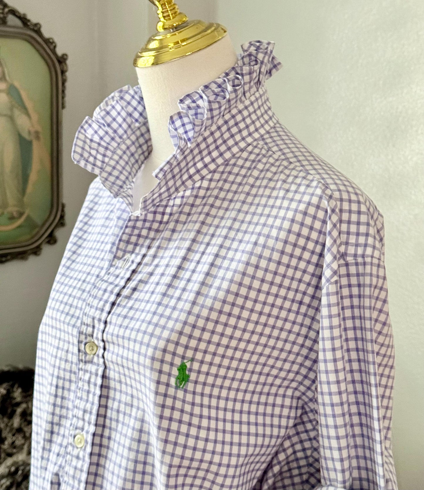 Reworked Ralph Lauren Plaid Shirt, Ruffle Collar Top, Classic Fit