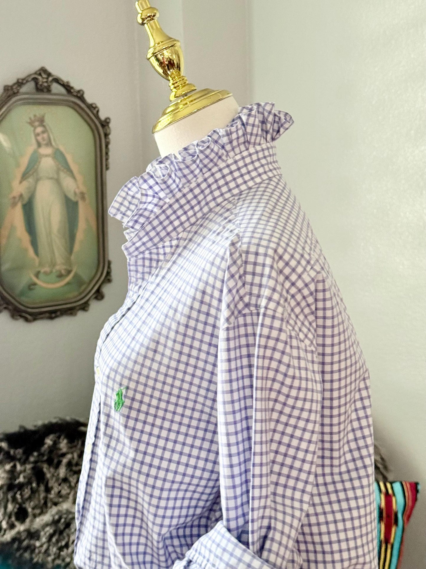 Reworked Ralph Lauren Plaid Shirt, Ruffle Collar Top, Classic Fit
