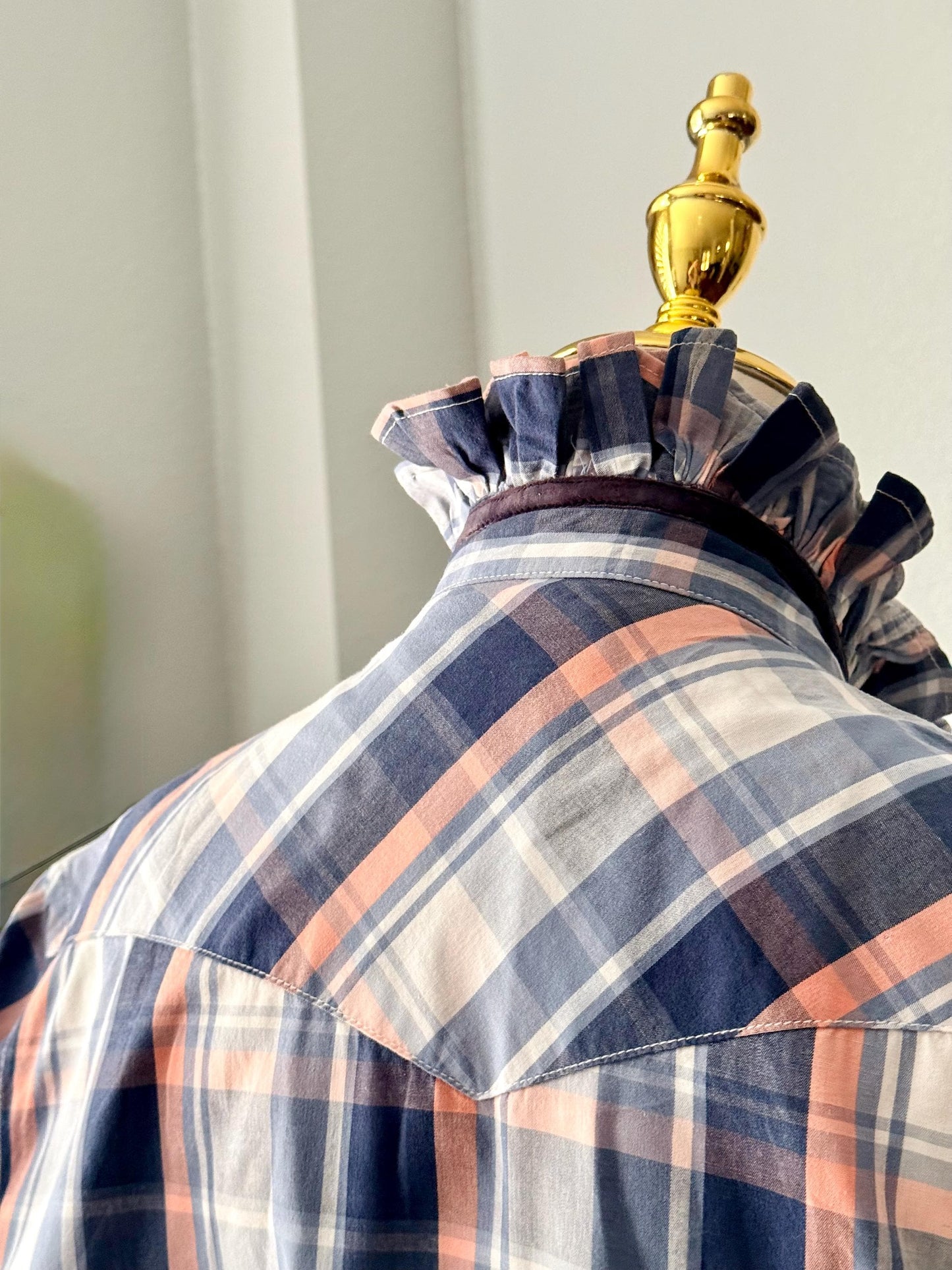 Upcycled Mens to Ladies Pearl Snap Ruffle Collar Top | Reworked Handmade Shirt