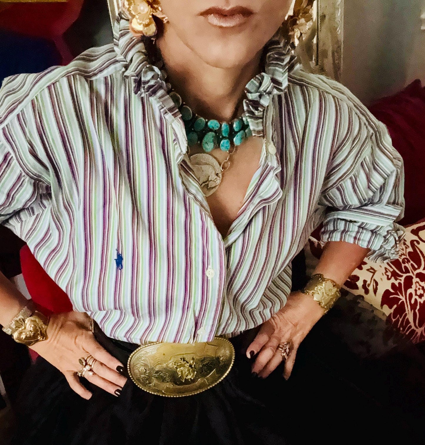 Ralph Lauren Multi Colored Reworked Shirt:  Striped Ruffle Collar Top Classic Fit