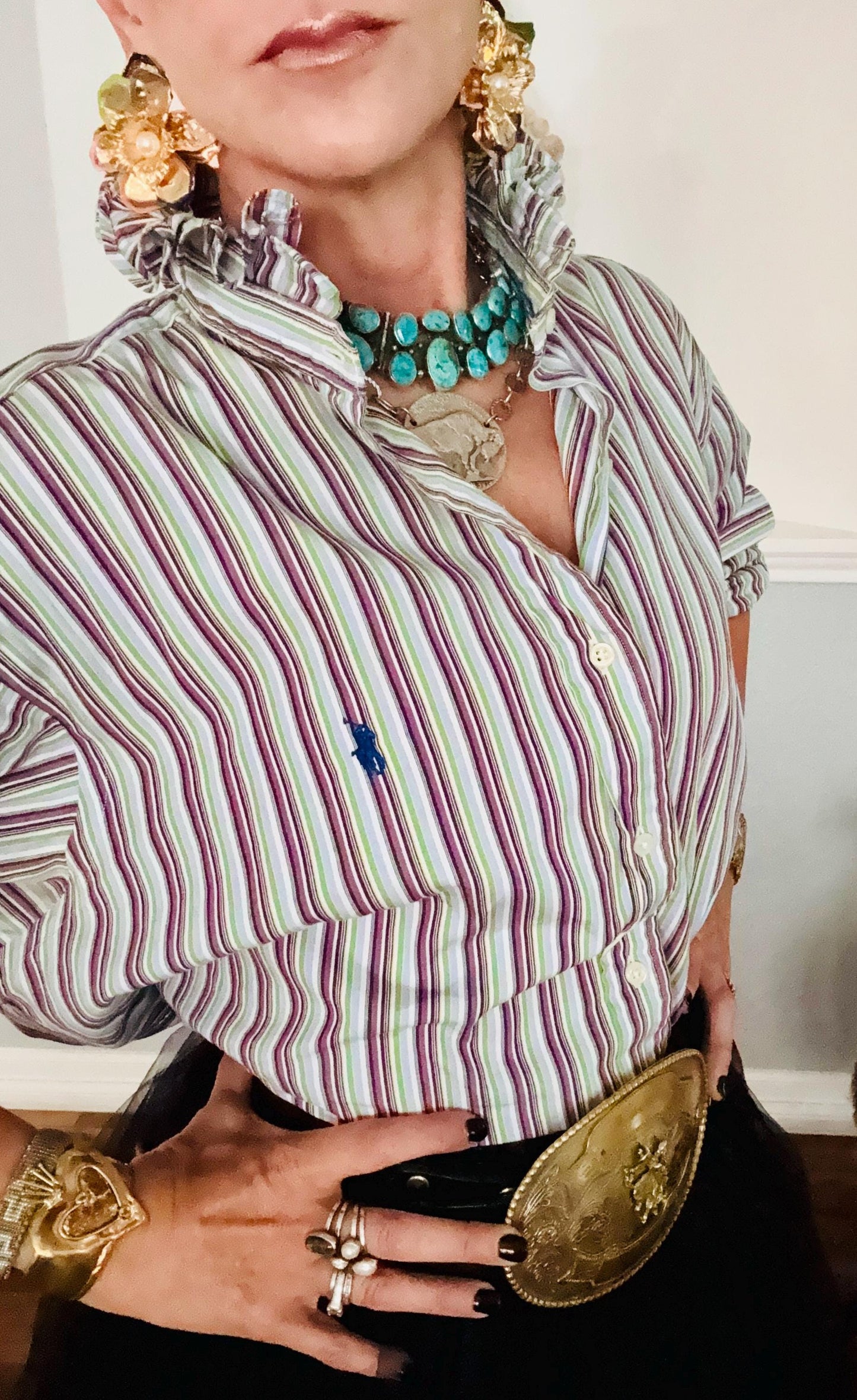Ralph Lauren Multi Colored Reworked Shirt:  Striped Ruffle Collar Top Classic Fit