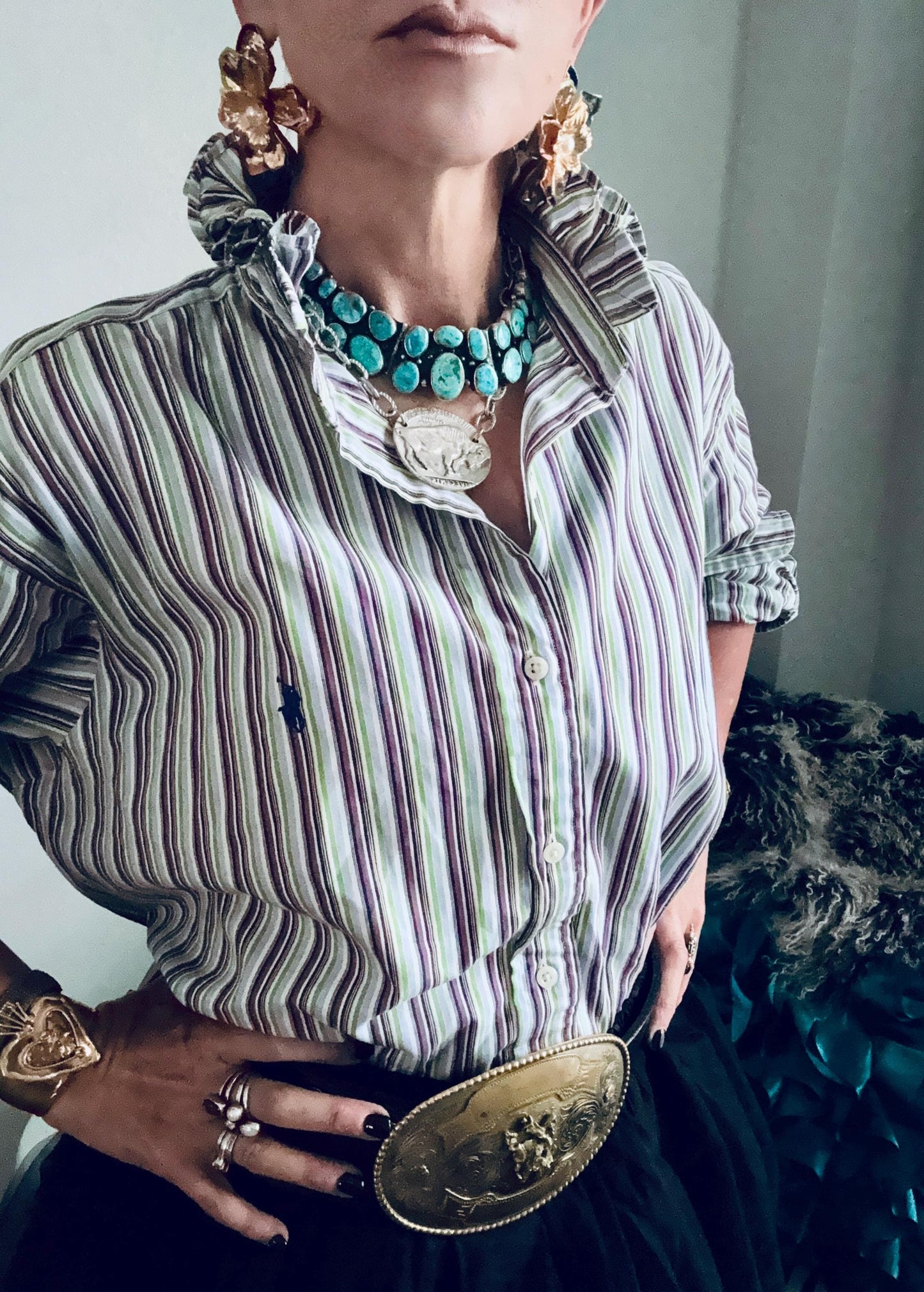Ralph Lauren Multi Colored Reworked Shirt:  Striped Ruffle Collar Top Classic Fit