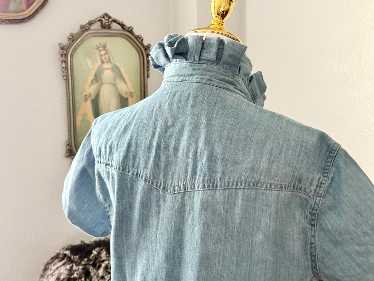 Reworked Pearl Snap Shirt:  Light Wash Denim Ruffle Collar Top Classic Fit