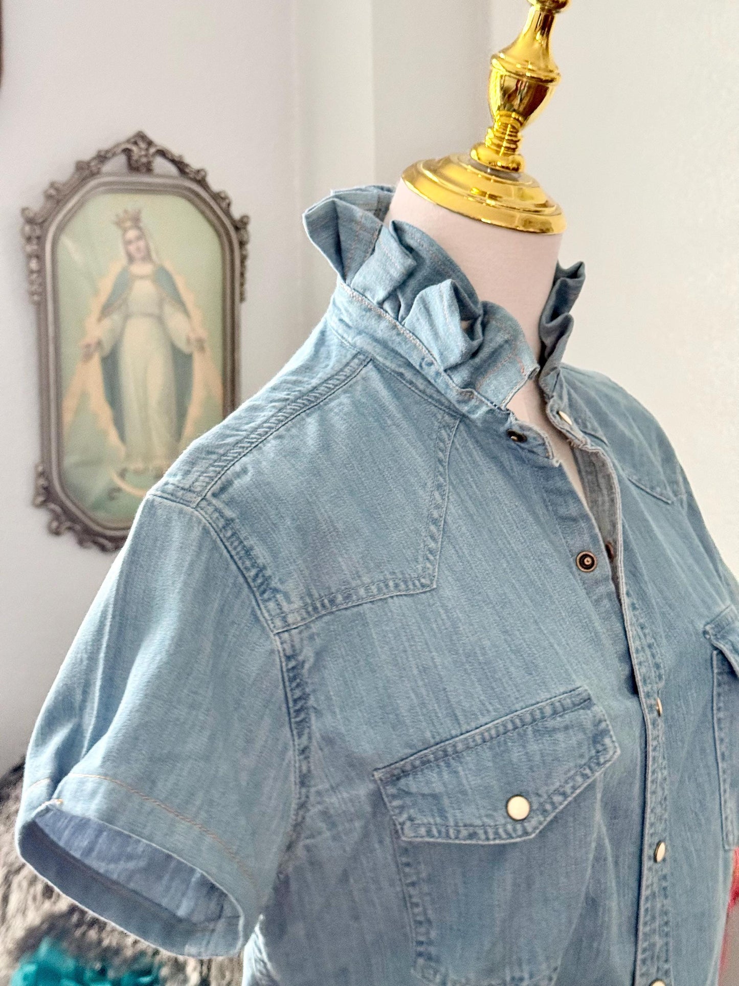 Reworked Pearl Snap Shirt:  Light Wash Denim Ruffle Collar Top Classic Fit
