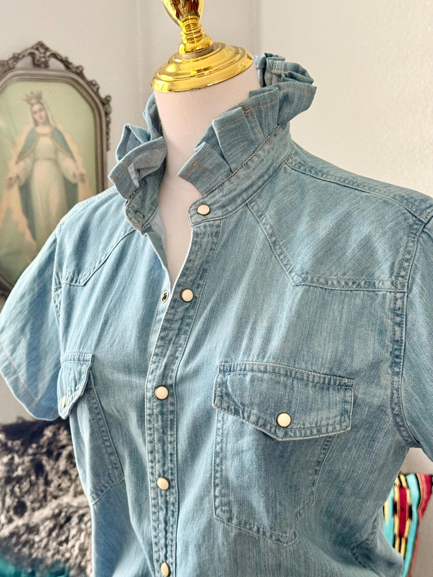 Reworked Pearl Snap Shirt:  Light Wash Denim Ruffle Collar Top Classic Fit