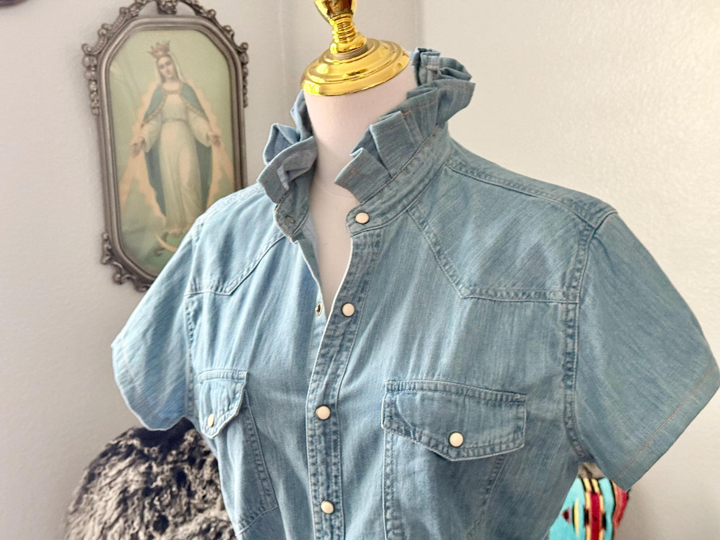 Reworked Pearl Snap Shirt:  Light Wash Denim Ruffle Collar Top Classic Fit